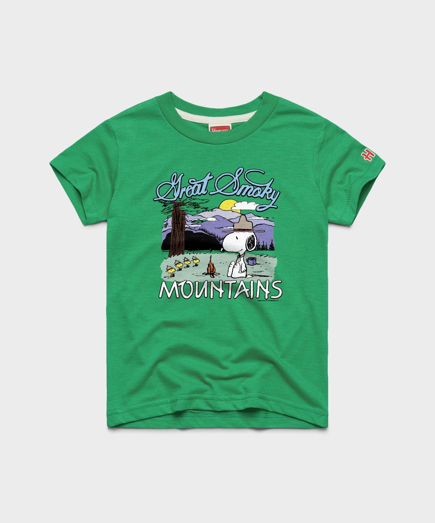 Green youth t-shirt featuring Snoopy exploring the Great Smoky Mountains National Park on the front chest
