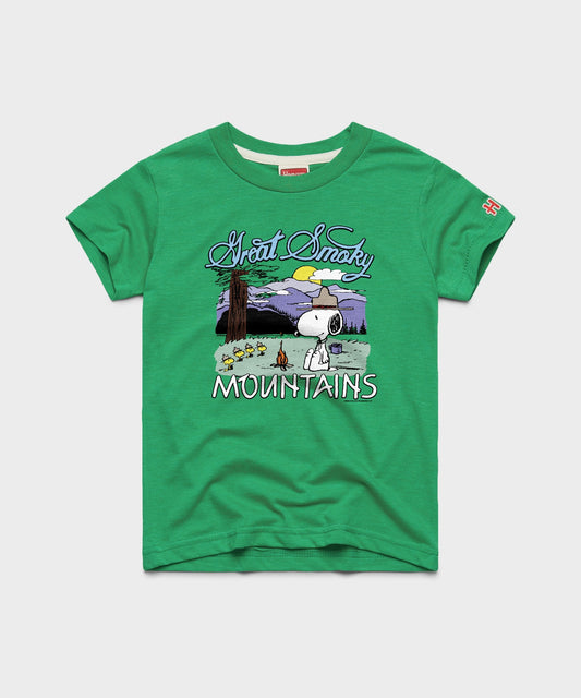 Green youth t-shirt featuring Snoopy exploring the Great Smoky Mountains National Park on the front chest-0