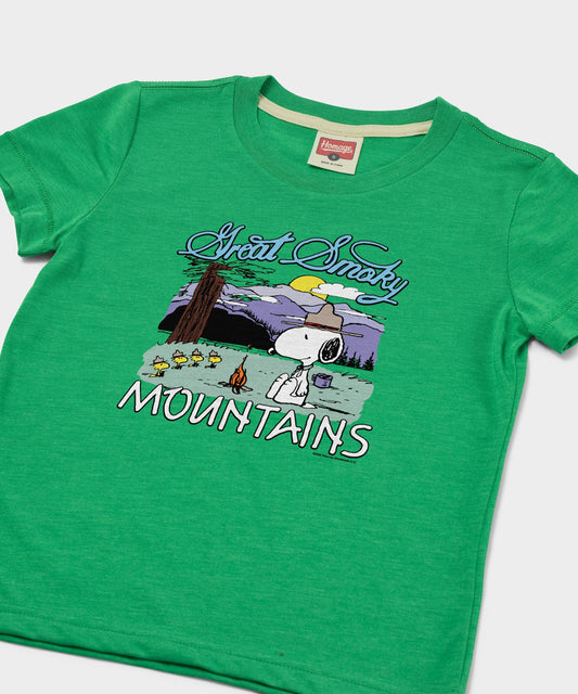 Green youth t-shirt featuring Snoopy exploring the Great Smoky Mountains National Park on the front chest-1