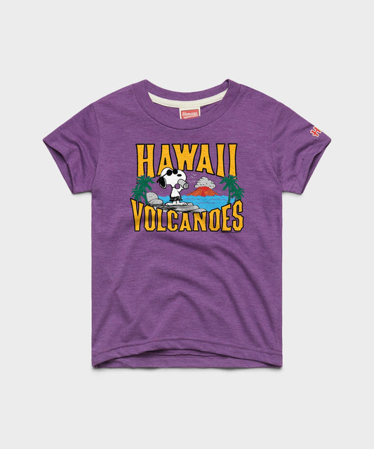 Royal purple youth t-shirt featuring a Snoopy and Hawaii Volcanoes National Park graphic on the front chest-0