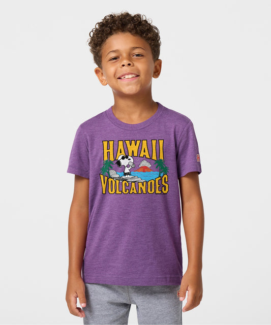 Royal purple youth t-shirt featuring a Snoopy and Hawaii Volcanoes National Park graphic on the front chest-2