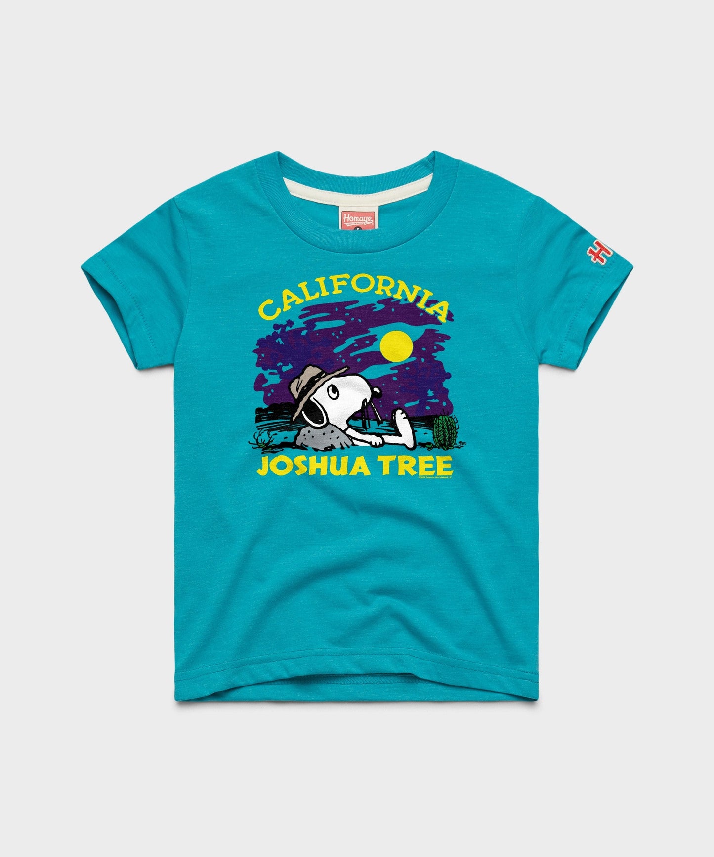 Teal youth t-shirt featuring the Peanuts gang exploring Joshua Tree National Park on the front chest