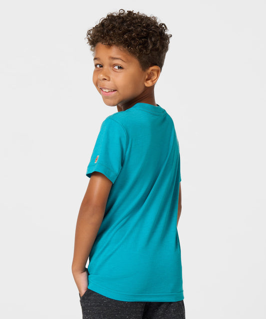 Teal youth t-shirt featuring the Peanuts gang exploring Joshua Tree National Park on the front chest-3