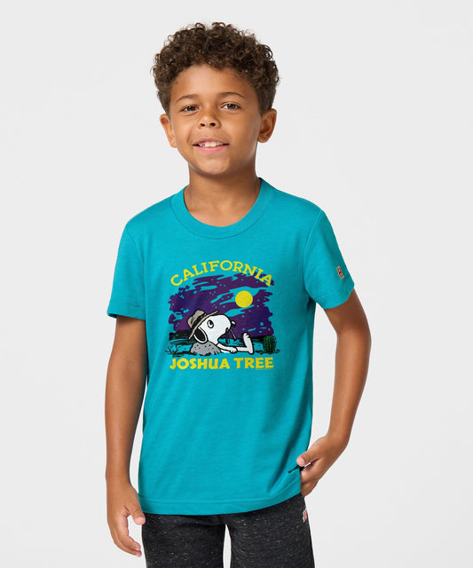 Teal youth t-shirt featuring the Peanuts gang exploring Joshua Tree National Park on the front chest-2