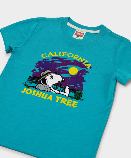 Teal youth t-shirt featuring the Peanuts gang exploring Joshua Tree National Park on the front chest-1