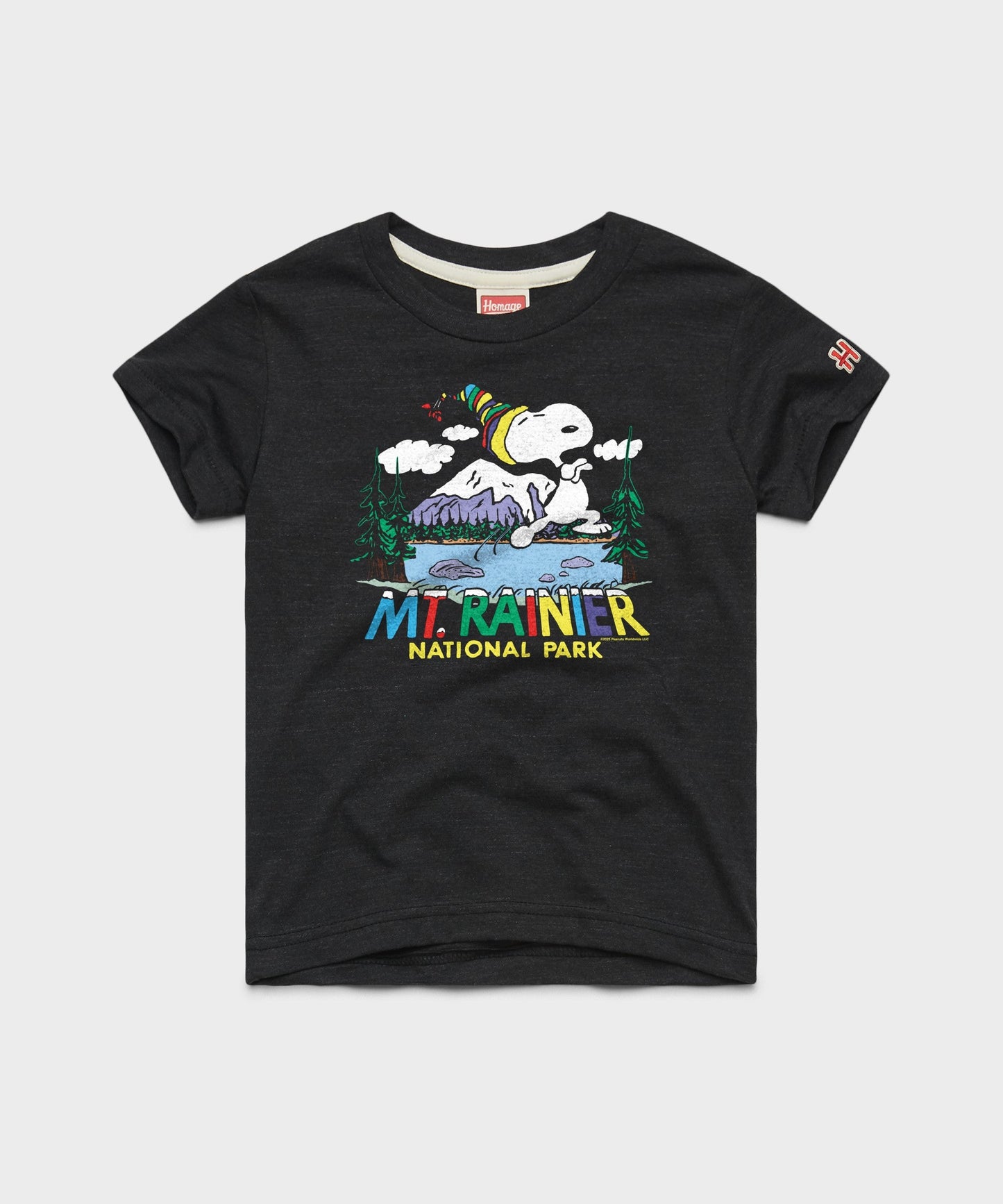 Charcoal youth t-shirt featuring Snoopy at Mount Rainier National Park on the front chest