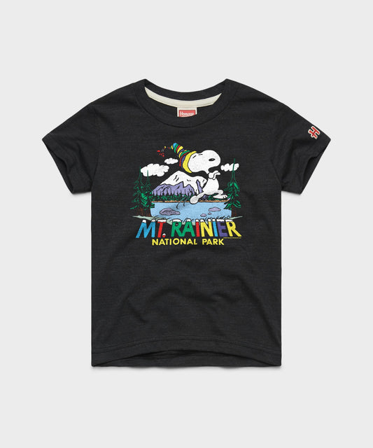 Charcoal youth t-shirt featuring Snoopy at Mount Rainier National Park on the front chest-0