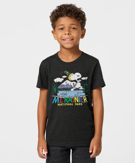 Charcoal youth t-shirt featuring Snoopy at Mount Rainier National Park on the front chest-2