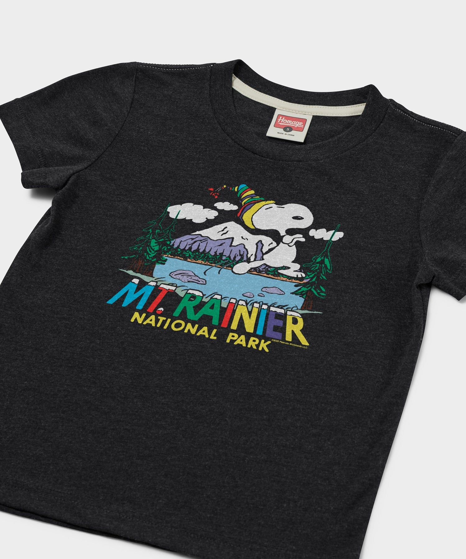 Close-up of the Snoopy and Mount Rainier graphic screen-printed on the front of the t-shirt