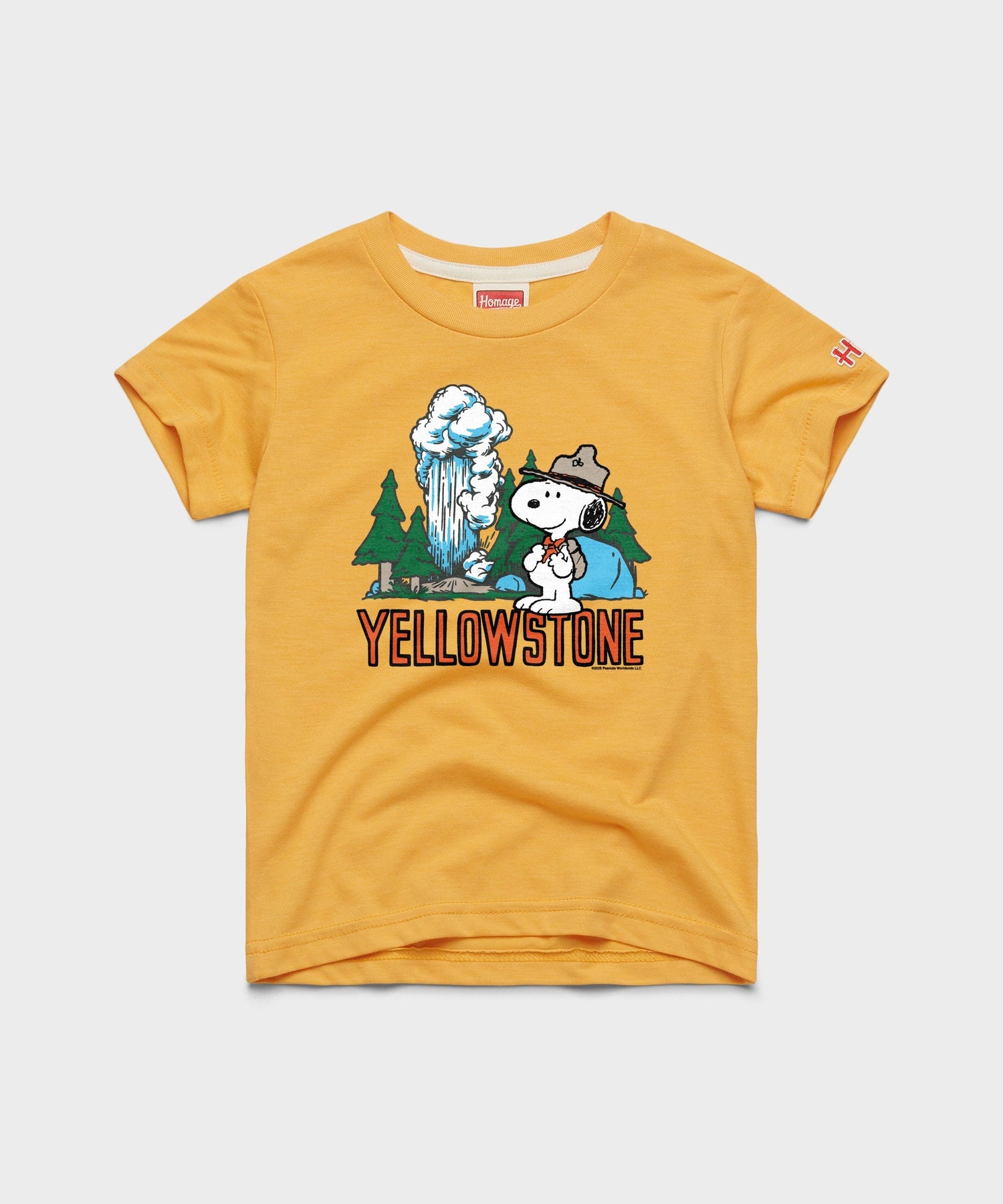 Gold youth t-shirt featuring a vintage Snoopy graphic ready to explore Yellowstone National Park on the front chest