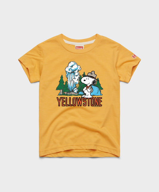 Gold youth t-shirt featuring a vintage Snoopy graphic ready to explore Yellowstone National Park on the front chest-0