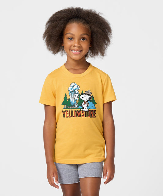 Gold youth t-shirt featuring a vintage Snoopy graphic ready to explore Yellowstone National Park on the front chest-2