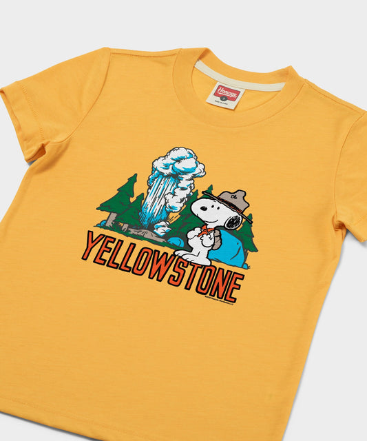 Gold youth t-shirt featuring a vintage Snoopy graphic ready to explore Yellowstone National Park on the front chest-1