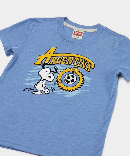 Light blue youth t-shirt featuring Snoopy in an Argentina soccer design centered on the front-1