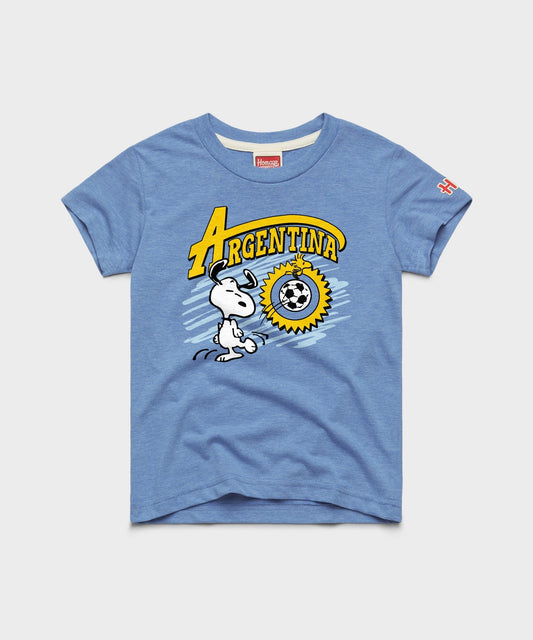 Light blue youth t-shirt featuring Snoopy in an Argentina soccer design centered on the front-0