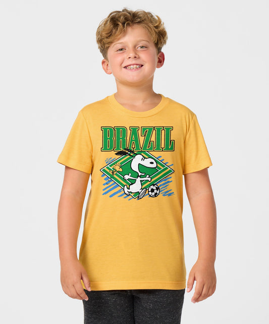 Gold youth t-shirt featuring Snoopy with a soccer ball on the front chest-2