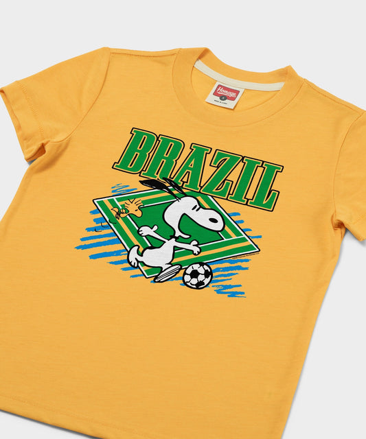 Gold youth t-shirt featuring Snoopy with a soccer ball on the front chest-1