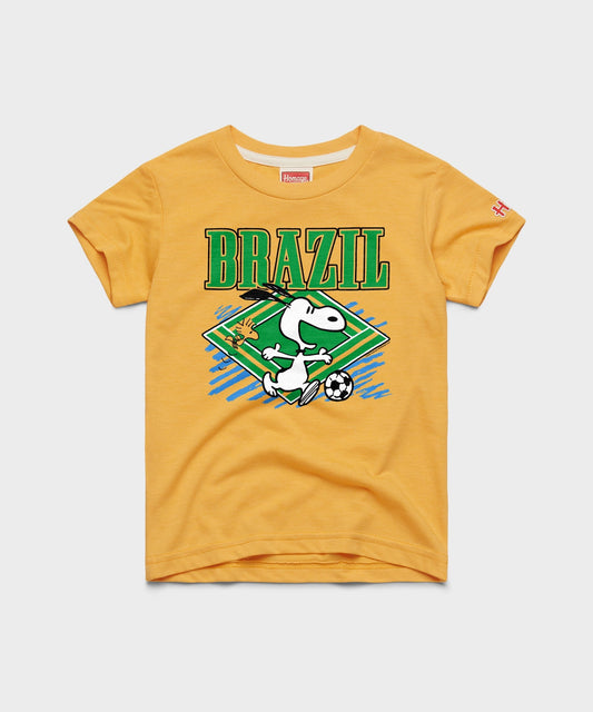 Gold youth t-shirt featuring Snoopy with a soccer ball on the front chest-0