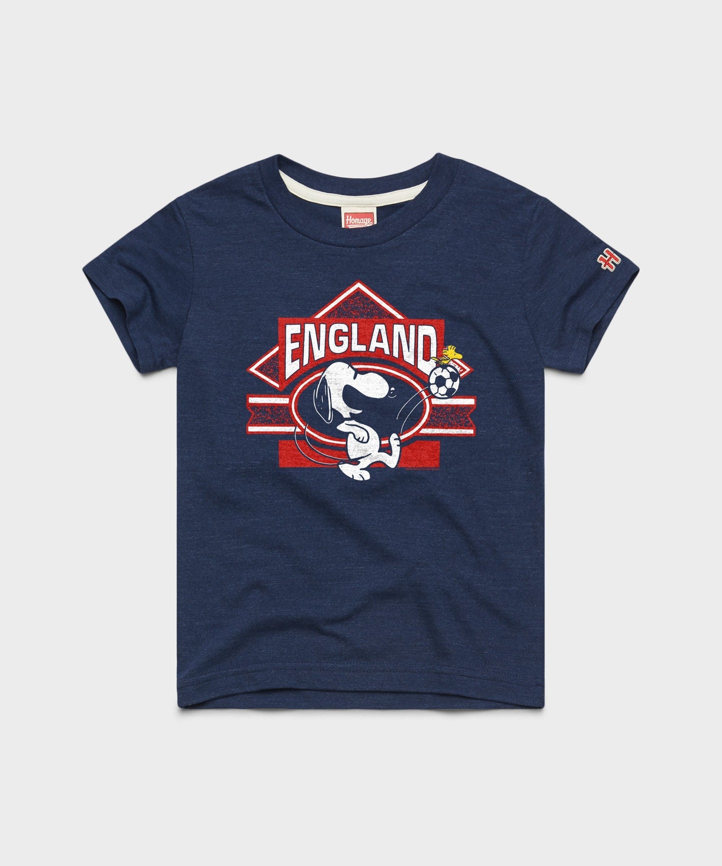 Navy youth t-shirt featuring Snoopy in an England soccer kit on the front chest