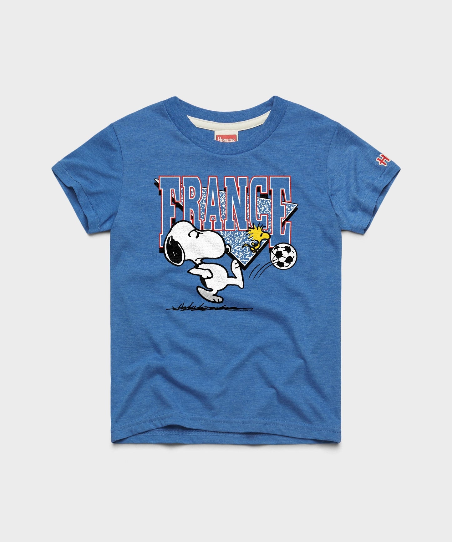 Royal blue youth t-shirt featuring Snoopy in a France soccer kit on the front