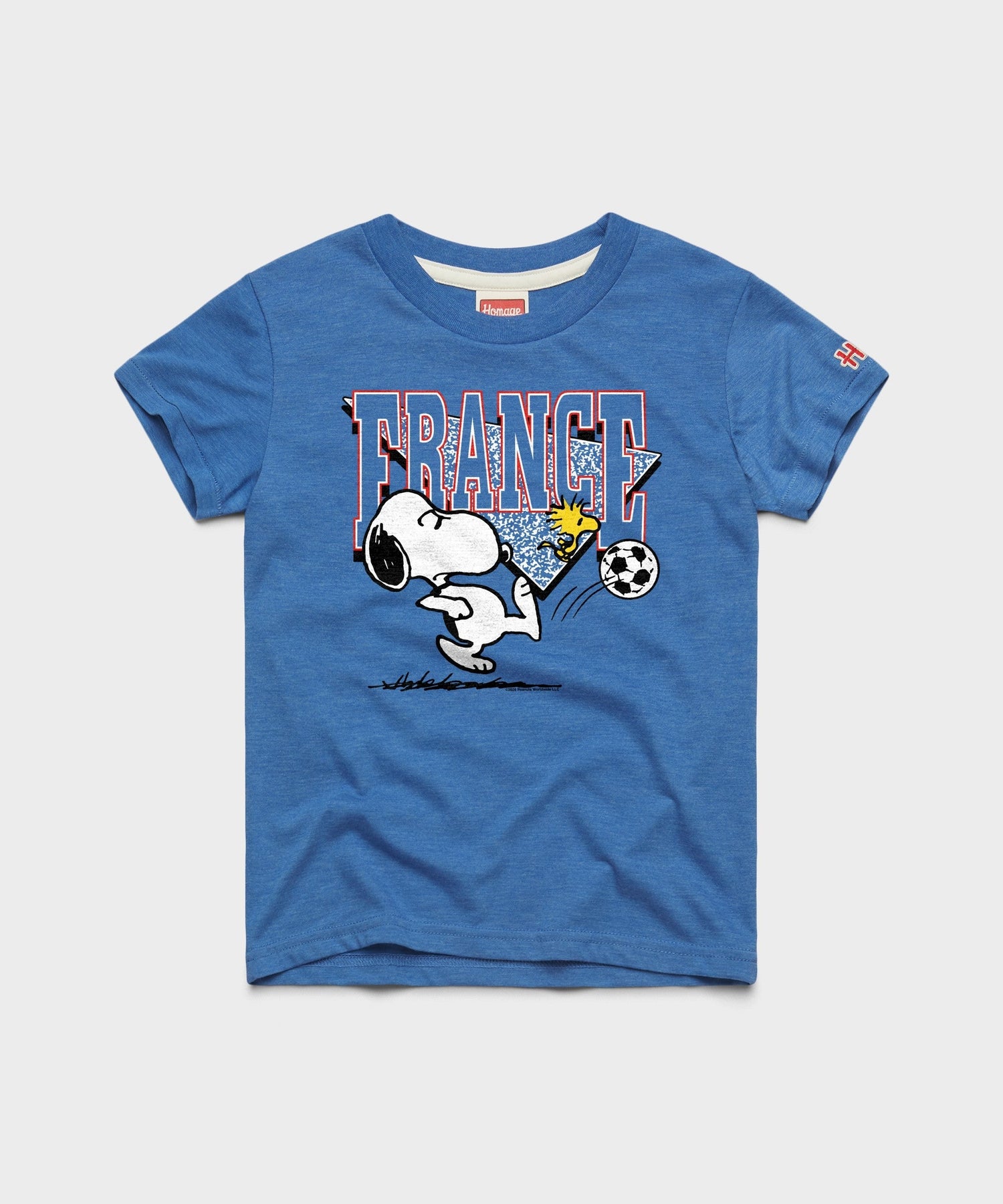Royal blue youth t-shirt featuring Snoopy in a France soccer kit on the front