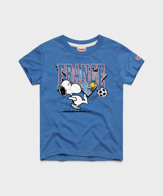 Royal blue youth t-shirt featuring Snoopy in a France soccer kit on the front-0