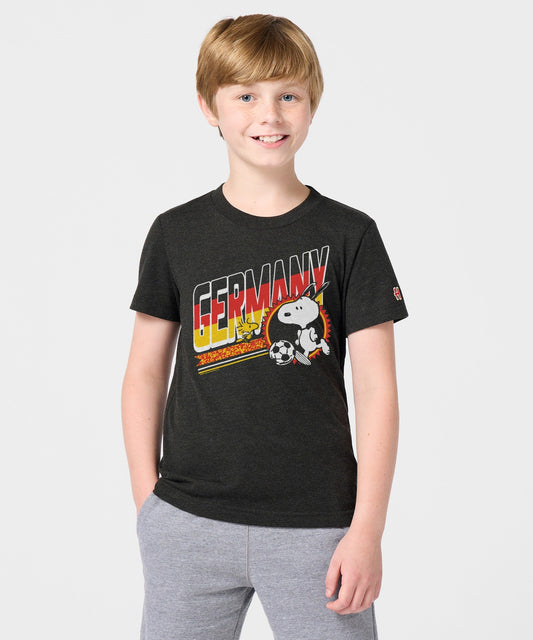 Youth charcoal t-shirt featuring Snoopy in a Germany soccer kit on the front-2
