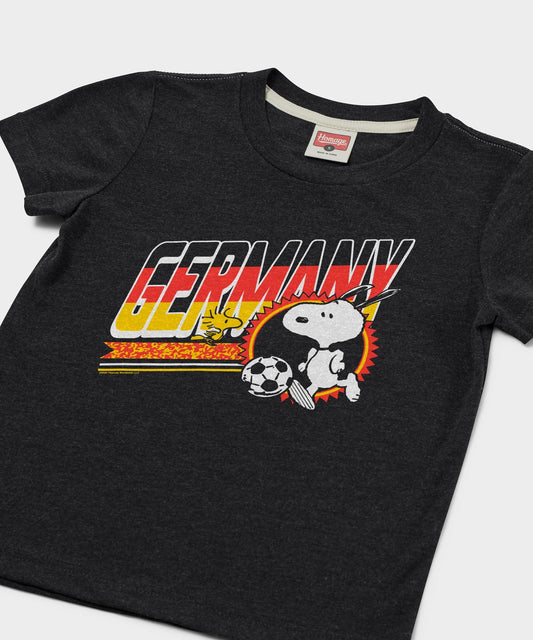 Youth charcoal t-shirt featuring Snoopy in a Germany soccer kit on the front-1
