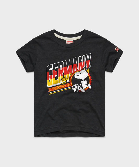 Youth charcoal t-shirt featuring Snoopy in a Germany soccer kit on the front-0