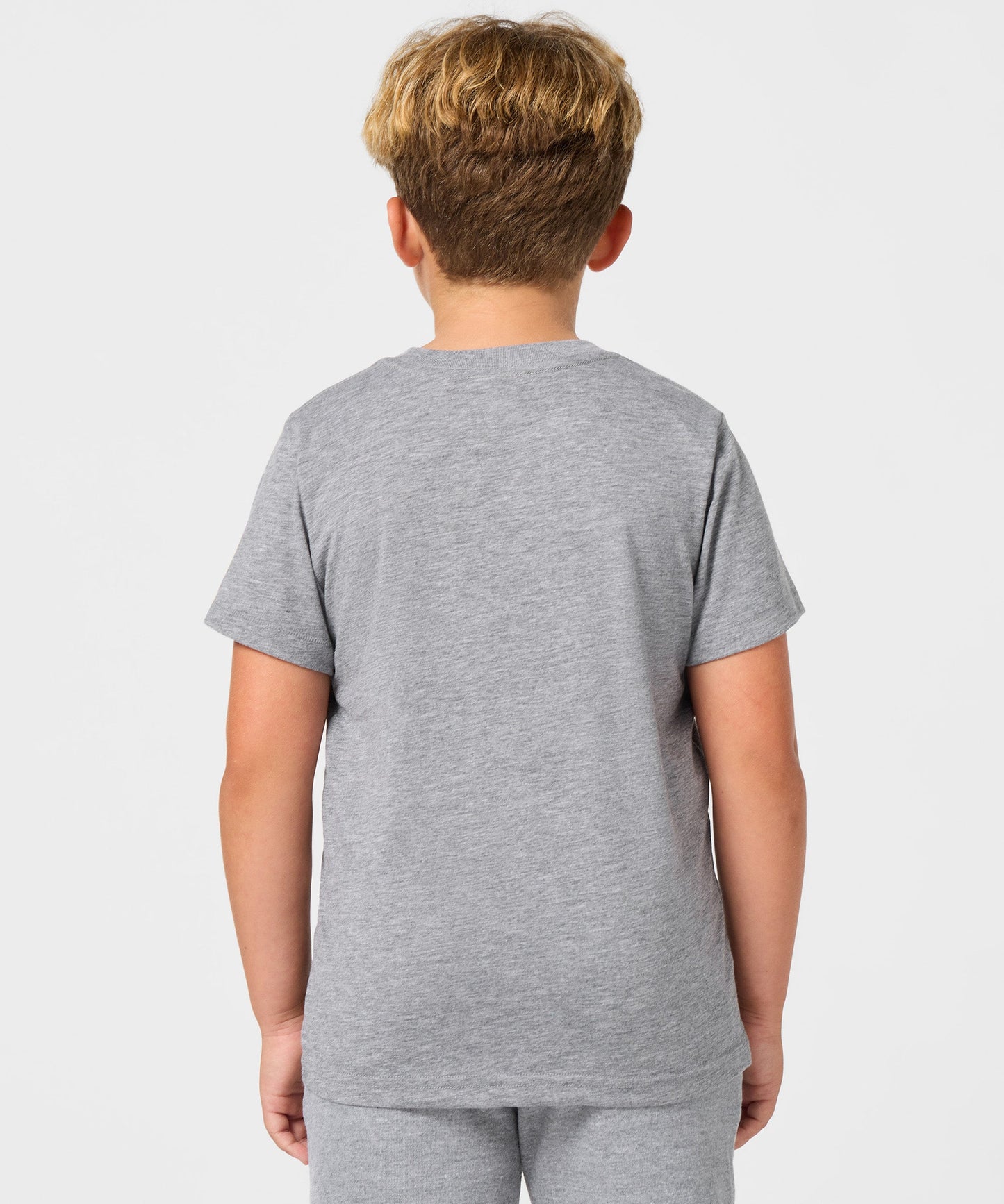 Close-up of the soft fabric texture and collar detail on the grey t-shirt