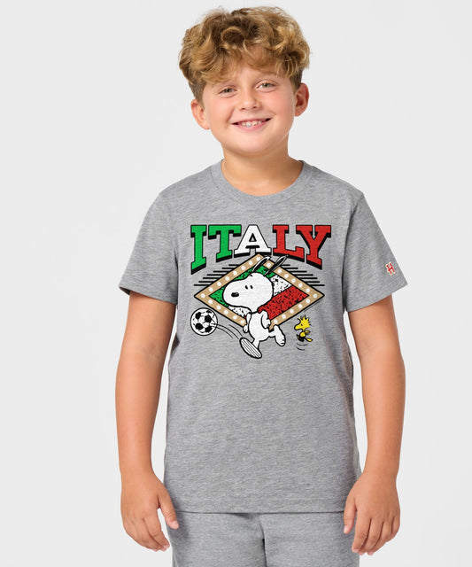 Grey youth t-shirt featuring Snoopy playing soccer in an Italy national team kit on the front chest-2