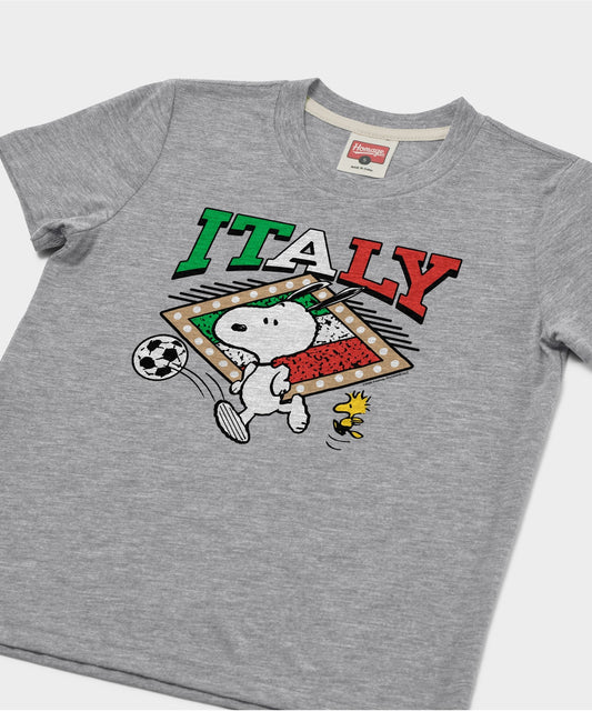 Grey youth t-shirt featuring Snoopy playing soccer in an Italy national team kit on the front chest-1