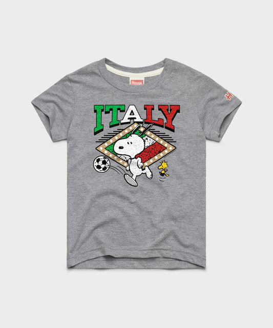 Grey youth t-shirt featuring Snoopy playing soccer in an Italy national team kit on the front chest-0