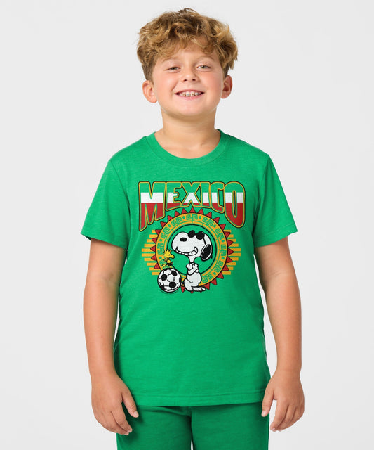 Green youth t-shirt featuring Snoopy in a Mexico soccer kit on the front chest-2