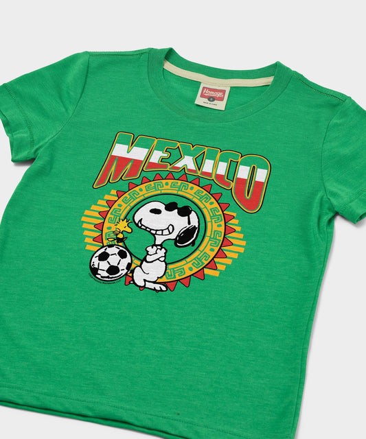 Green youth t-shirt featuring Snoopy in a Mexico soccer kit on the front chest-1
