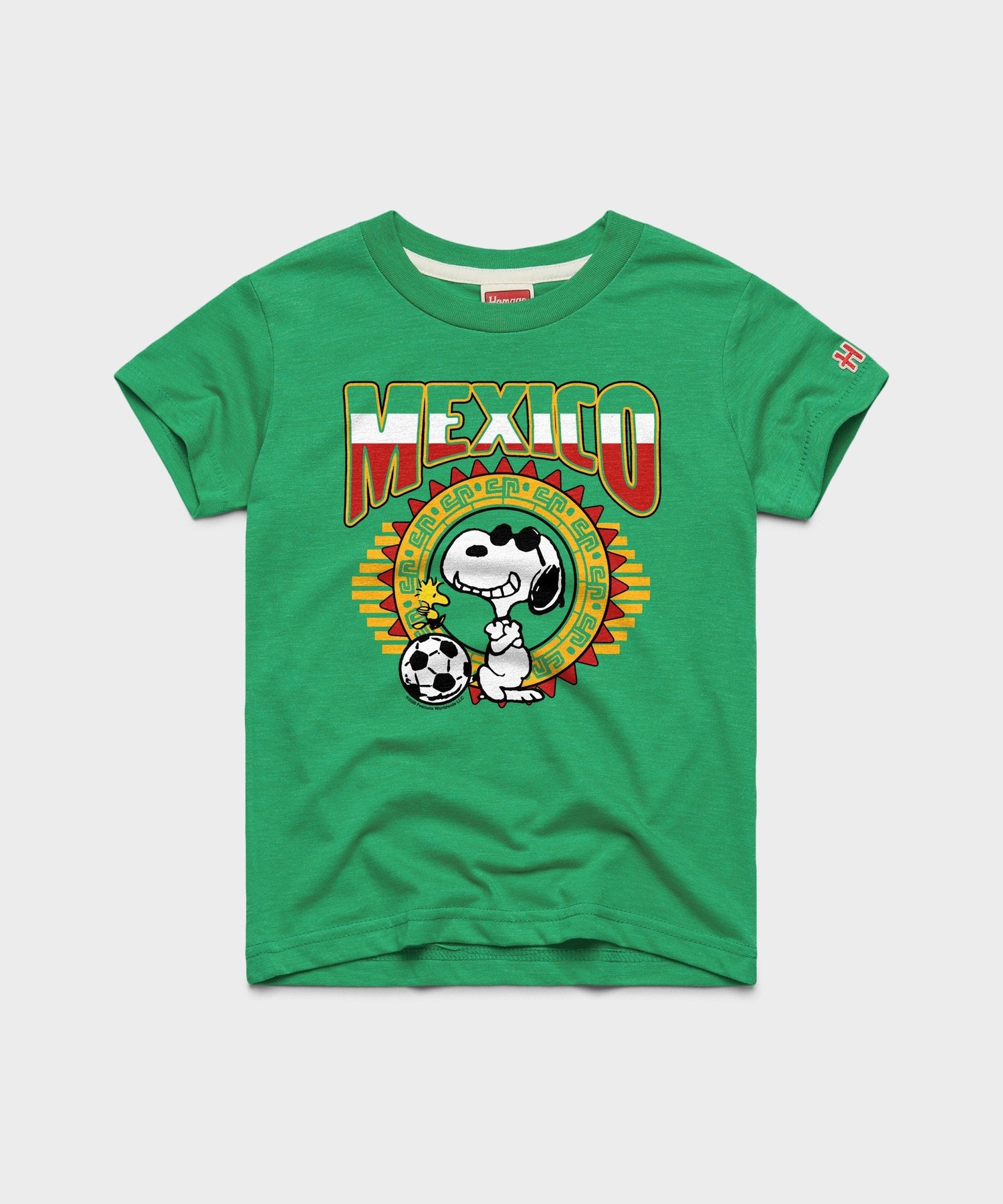 Green youth t-shirt featuring Snoopy in a Mexico soccer kit on the front chest