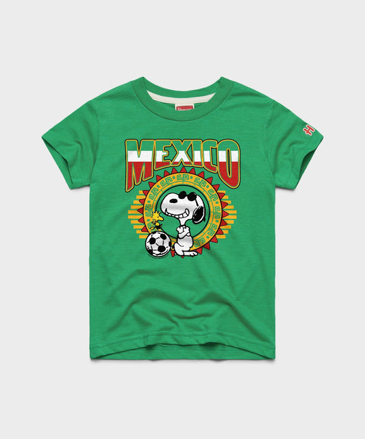 Green youth t-shirt featuring Snoopy in a Mexico soccer kit on the front chest-0