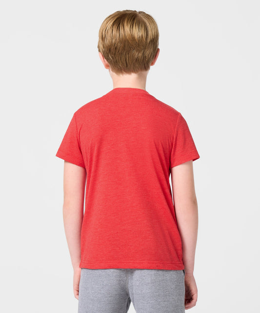 Youth red t-shirt featuring Snoopy playing soccer in Spain national team colors on the front center-3
