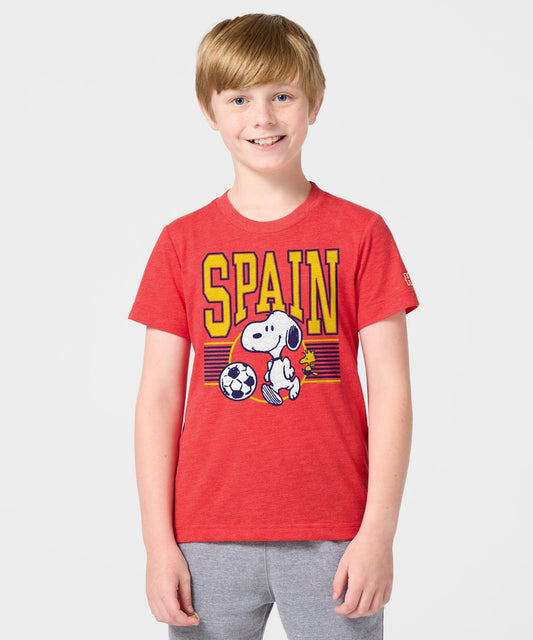 Youth red t-shirt featuring Snoopy playing soccer in Spain national team colors on the front center-2