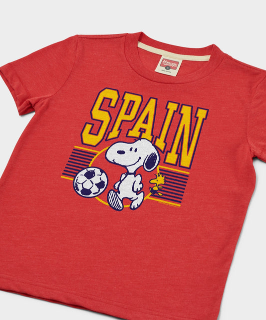 Youth red t-shirt featuring Snoopy playing soccer in Spain national team colors on the front center-1