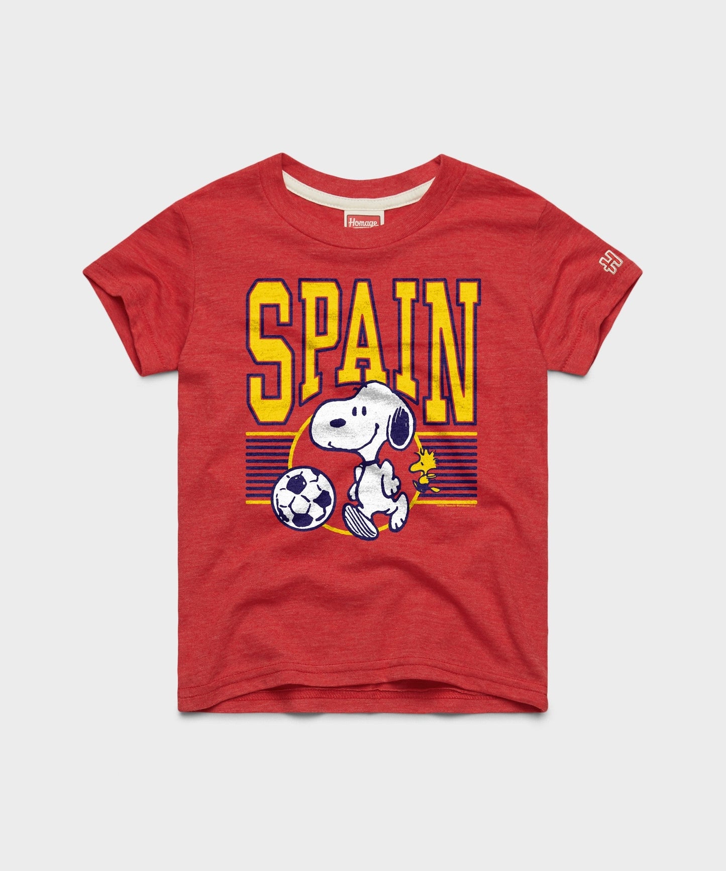 Youth red t-shirt featuring Snoopy playing soccer in Spain national team colors on the front center