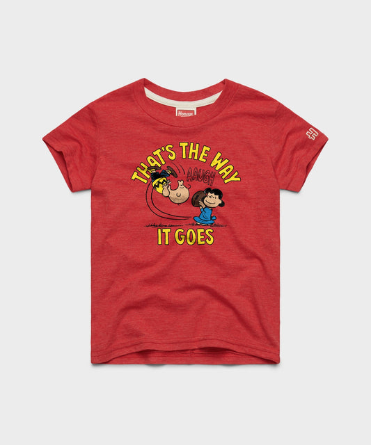 Red youth crewneck t-shirt featuring a vintage Charlie Brown graphic and the text That's The Way It Goes on the front chest-0