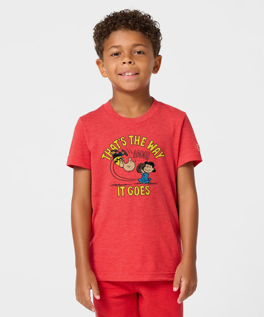 Red youth crewneck t-shirt featuring a vintage Charlie Brown graphic and the text That's The Way It Goes on the front chest-2
