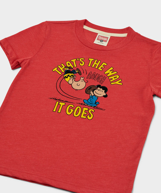 Red youth crewneck t-shirt featuring a vintage Charlie Brown graphic and the text That's The Way It Goes on the front chest-1