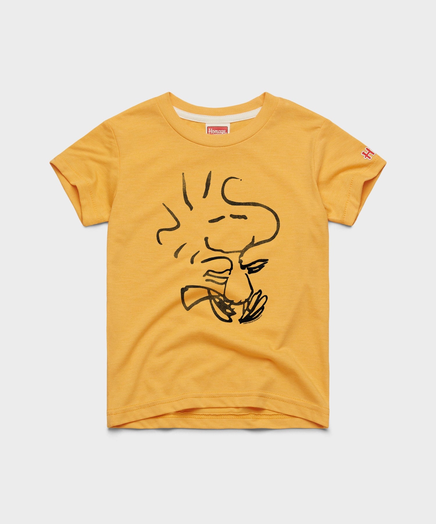 Gold youth t-shirt featuring a graphic of Woodstock on the front chest