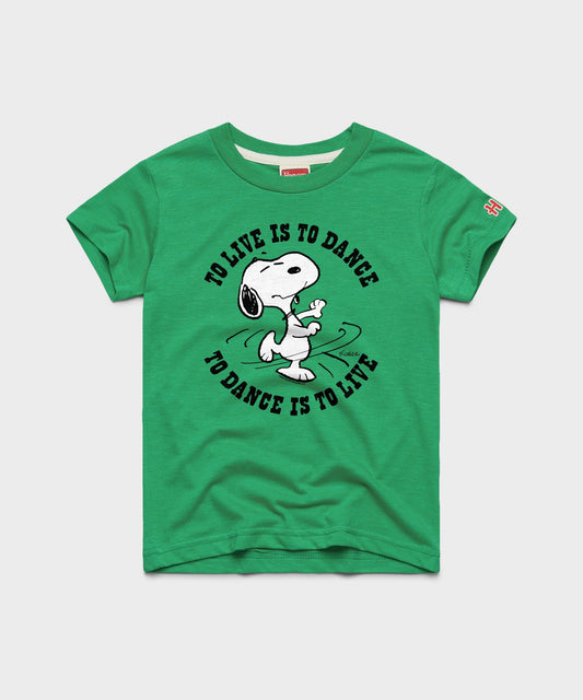 Green youth t-shirt featuring Snoopy dancing on the front chest with HOMAGE branding-0
