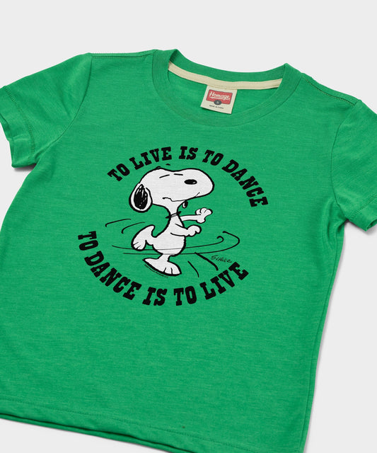 Green youth t-shirt featuring Snoopy dancing on the front chest with HOMAGE branding-1