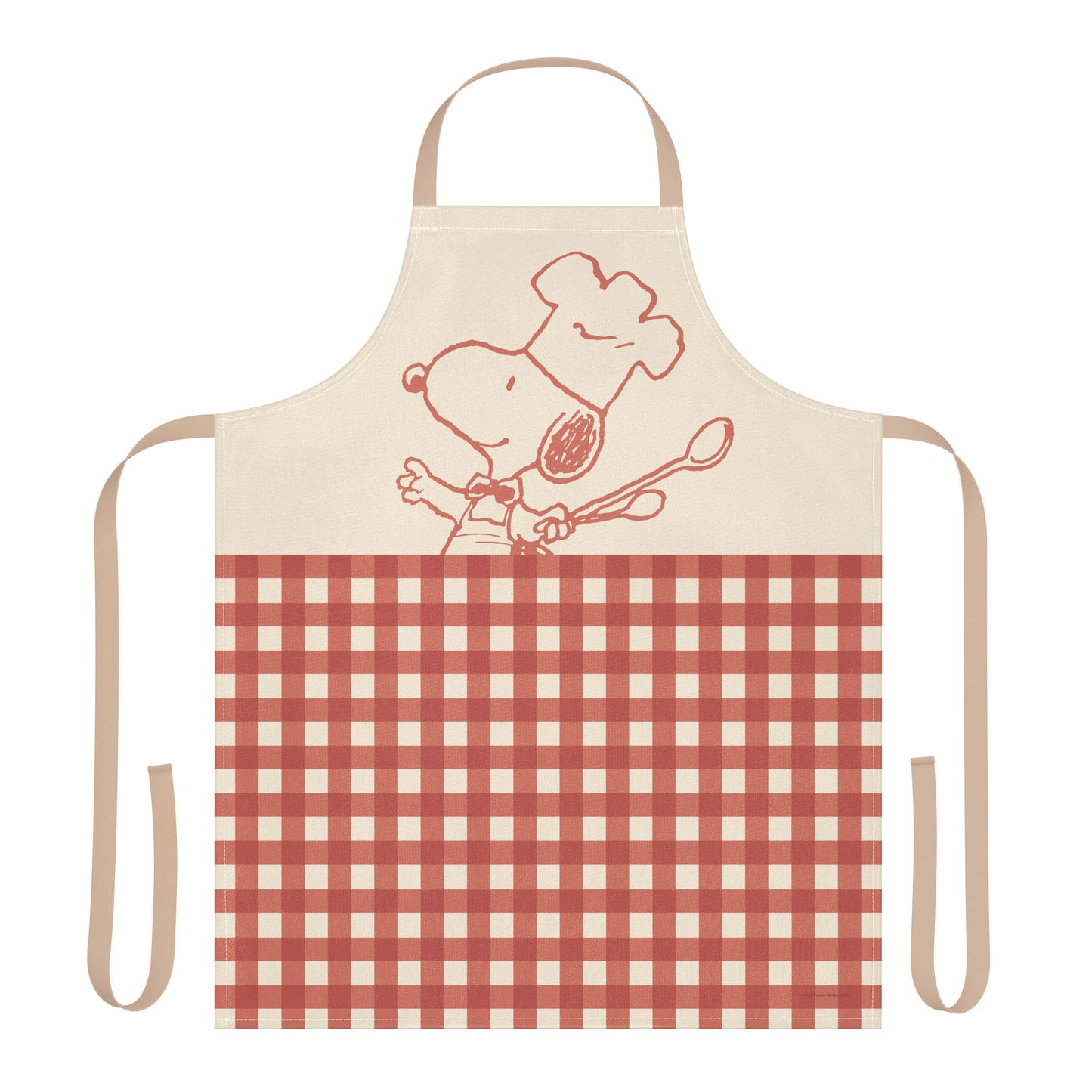 A white Peanuts kitchen apron featuring a black line art illustration of Snoopy wearing a tall white chef hat.