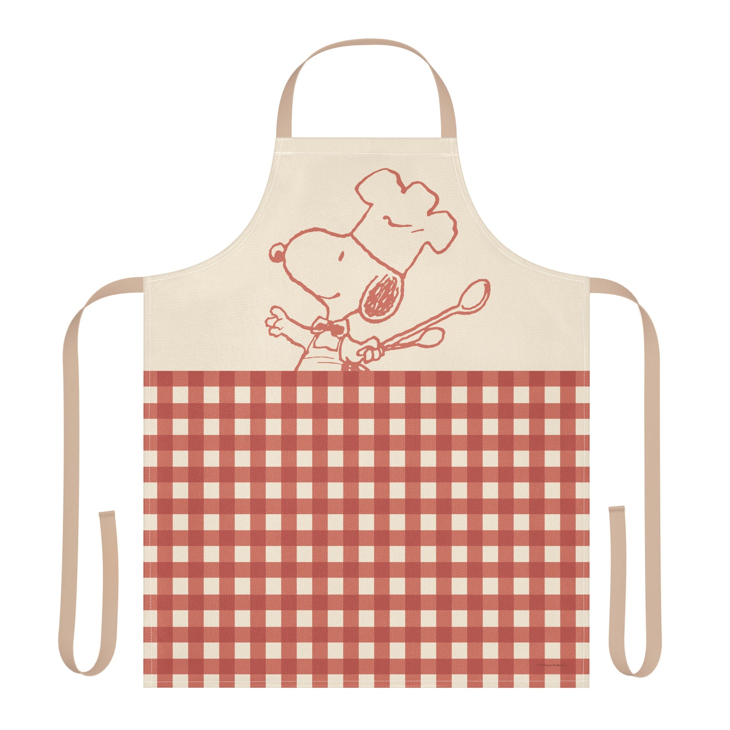 A white Peanuts kitchen apron featuring a black line art illustration of Snoopy wearing a tall white chef hat.