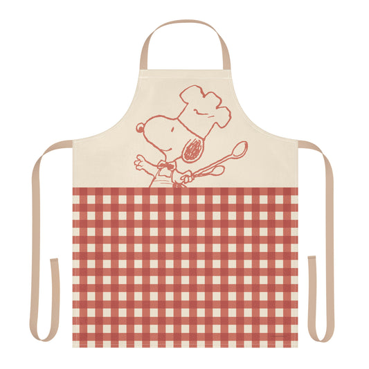 A white Peanuts kitchen apron featuring a black line art illustration of Snoopy wearing a tall white chef hat.-0